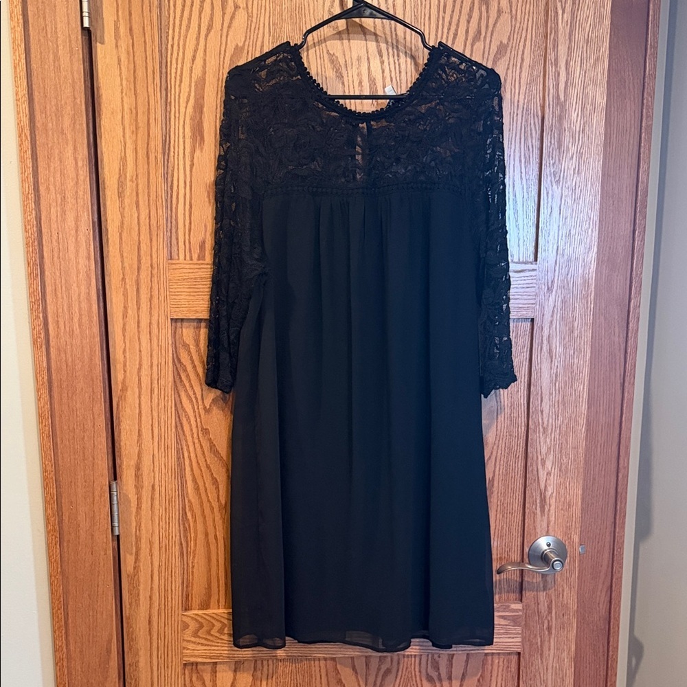 AUW Black Lace Yoke Long Sleeve Dress 2X EUC